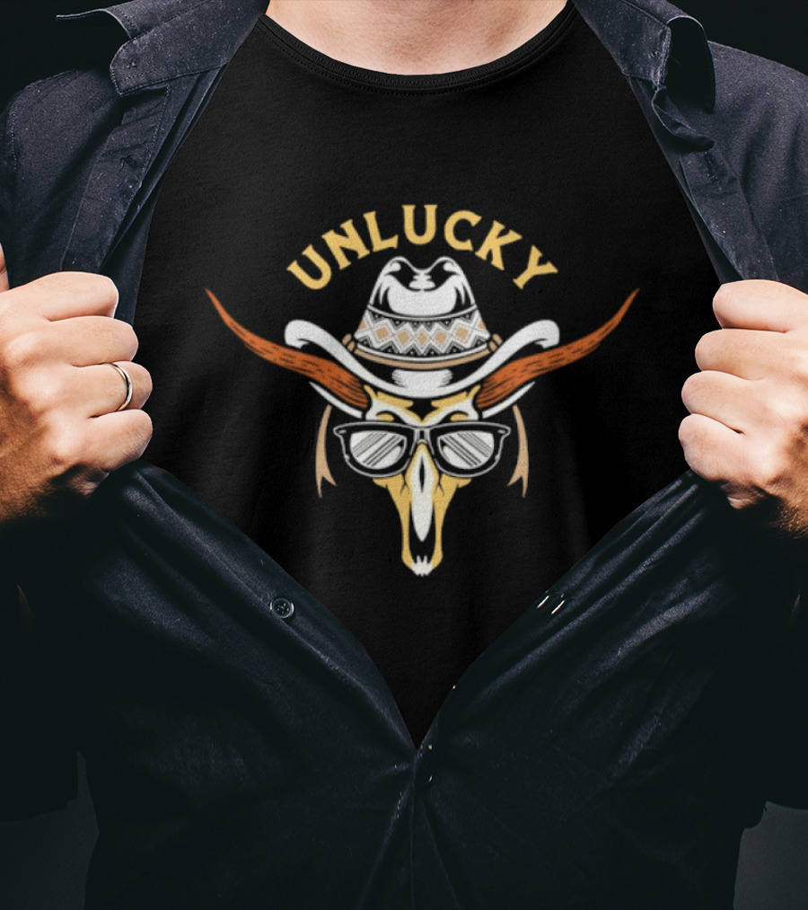 Unlucky Cowboy Skull Sunglasses Western Horns Hat T-Shirt