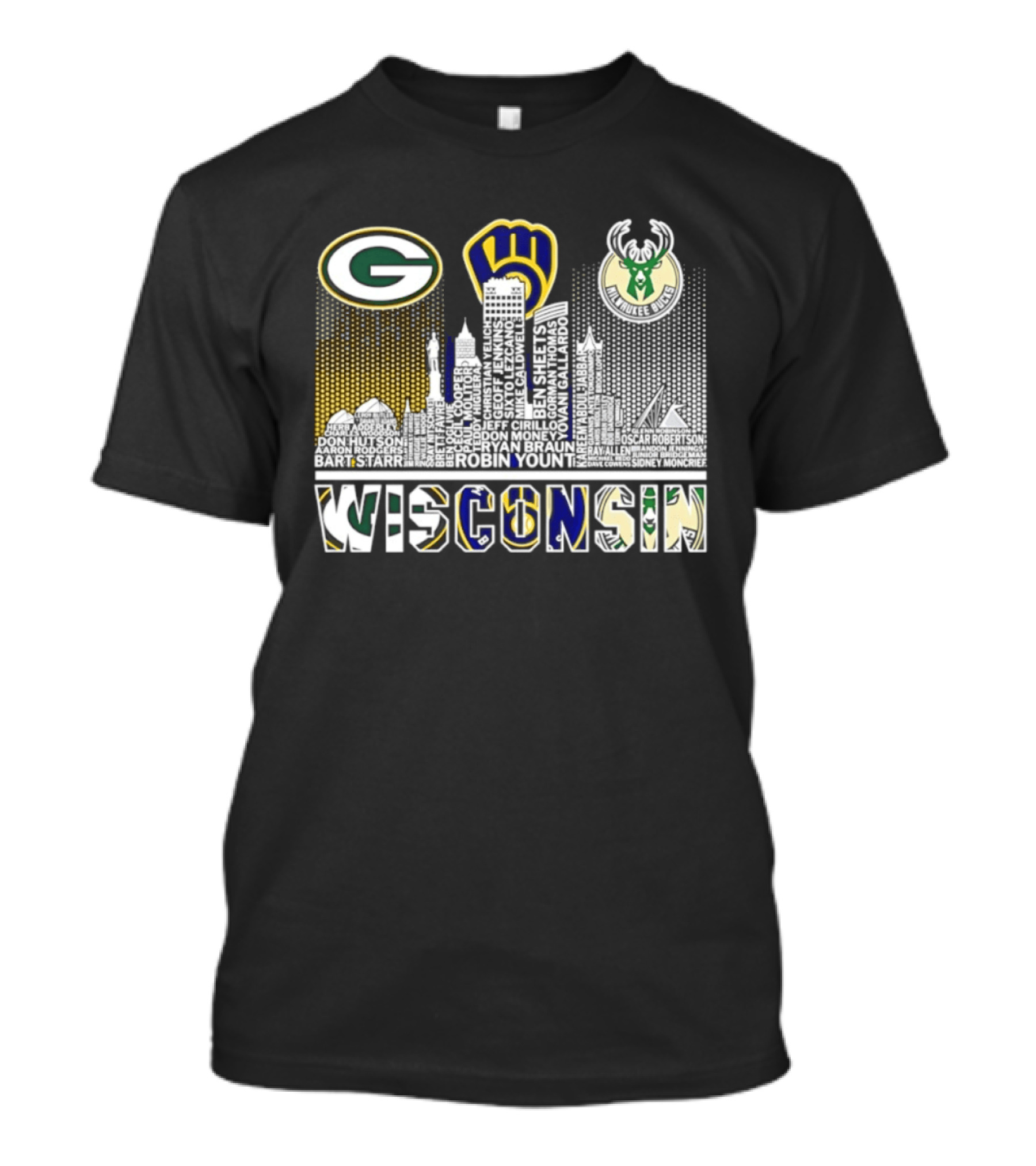 Wisconsin Green Bay Packers Milwaukee Brewers Bucks City Skyline Logos T-Shirt