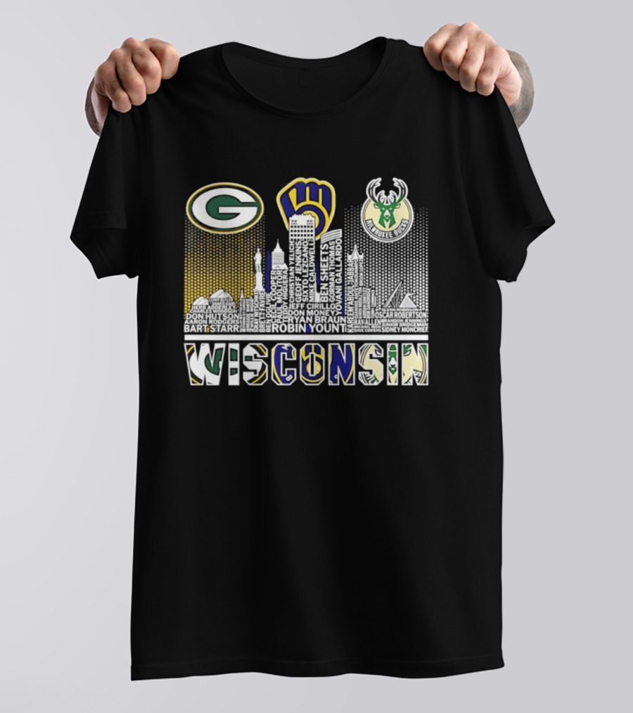 Wisconsin Green Bay Packers Milwaukee Brewers Bucks City Skyline Logos T-Shirt