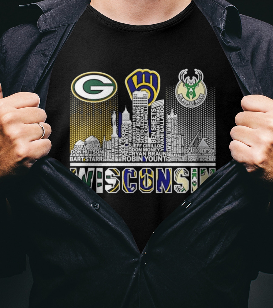 Wisconsin Green Bay Packers Milwaukee Brewers Bucks City Skyline Logos T-Shirt