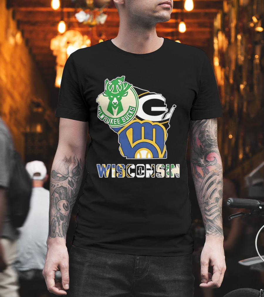 Milwaukee Bucks Green Bay Packers Milwaukee Brewers Wisconsin Map T-Shirt
