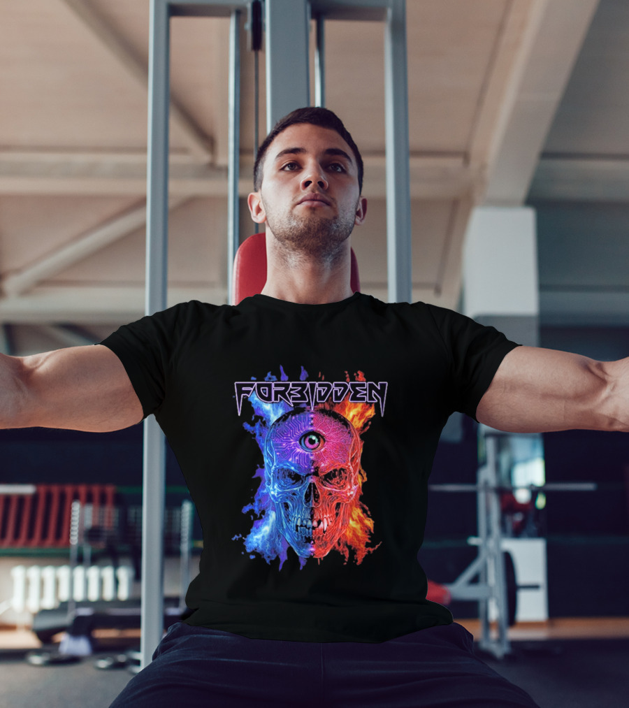 FORBIDDEN Skull Eye Flames Blue Red Fusion T-Shirt