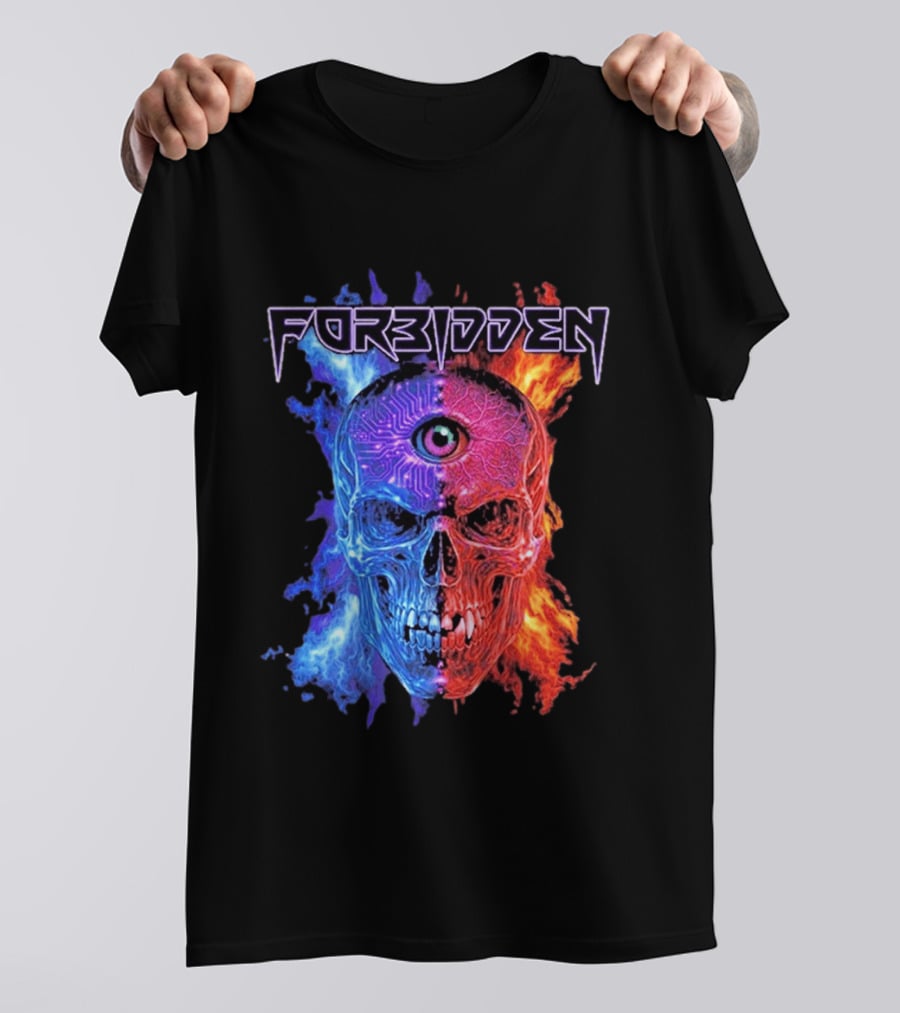 FORBIDDEN Skull Eye Flames Blue Red Fusion T-Shirt