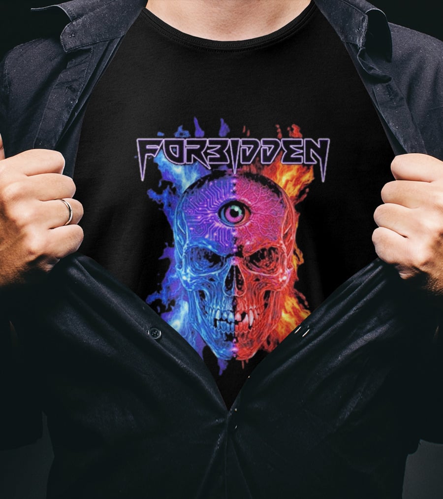 FORBIDDEN Skull Eye Flames Blue Red Fusion T-Shirt