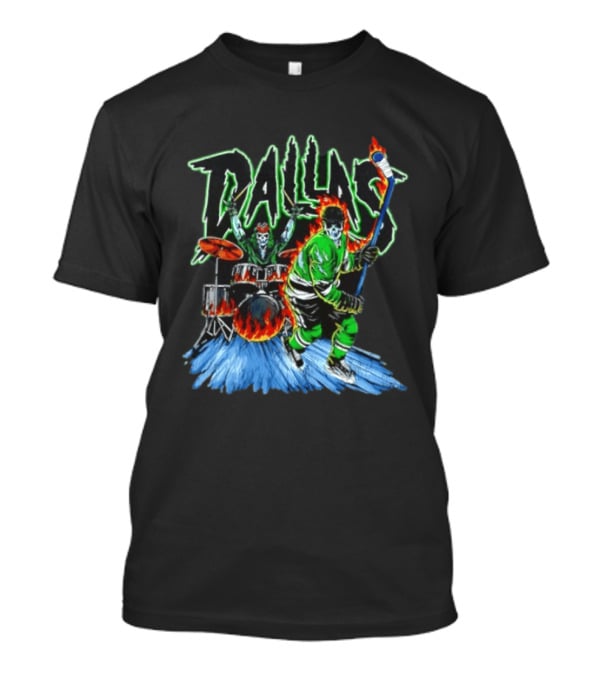 Dallas Stars Skeleton Hockey Fire With Drummer T-Shirt