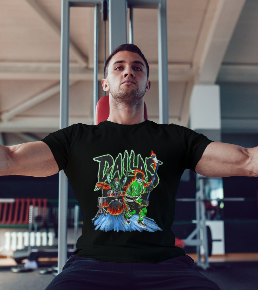 Dallas Stars Skeleton Hockey Fire With Drummer T-Shirt