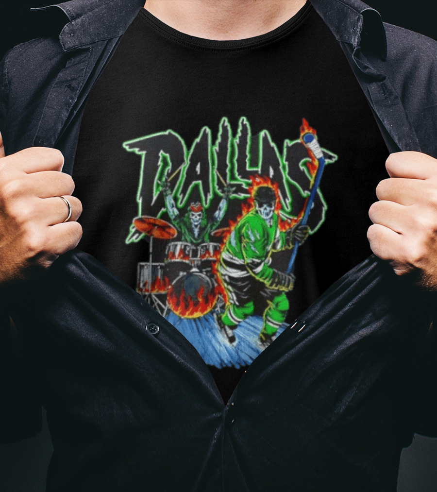 Dallas Stars Skeleton Hockey Fire With Drummer T-Shirt