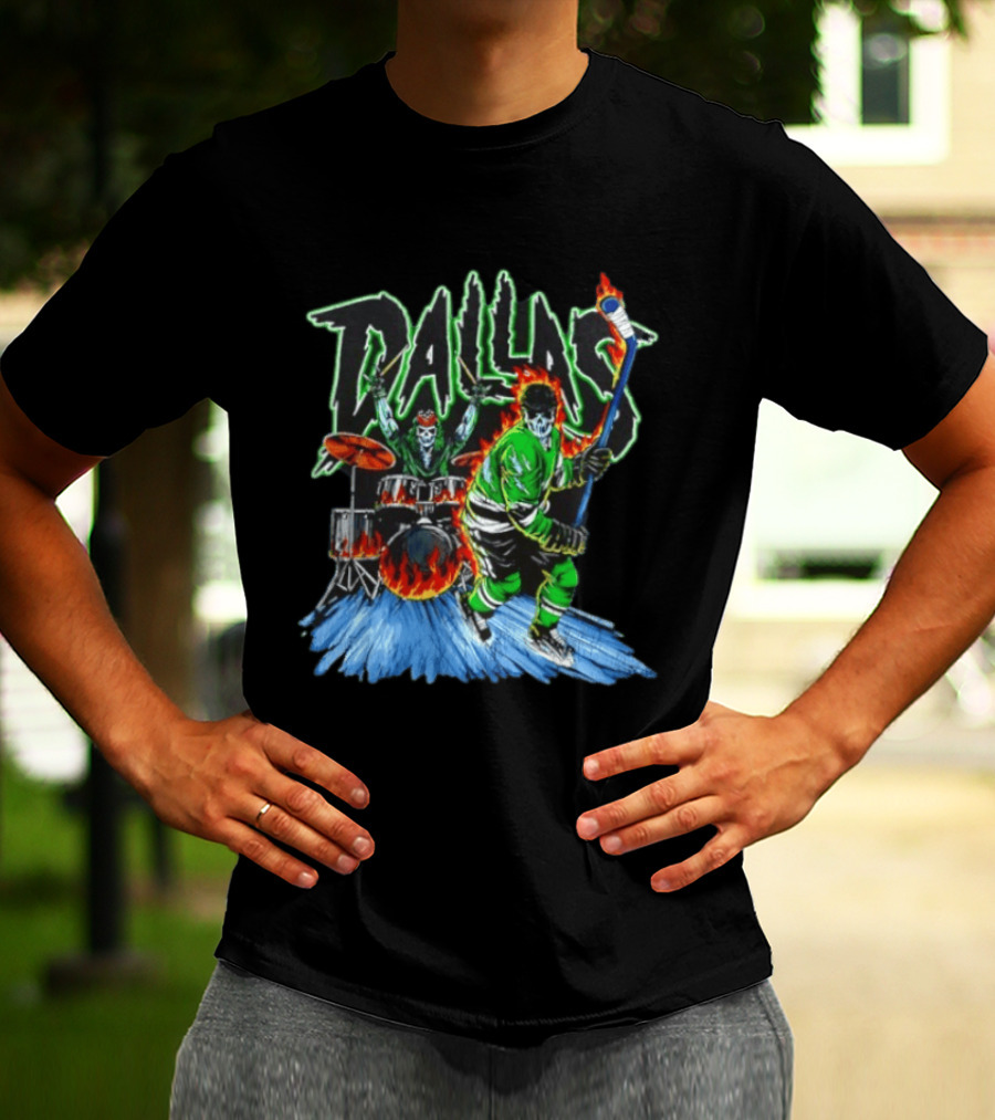Dallas Stars Skeleton Hockey Fire With Drummer T-Shirt