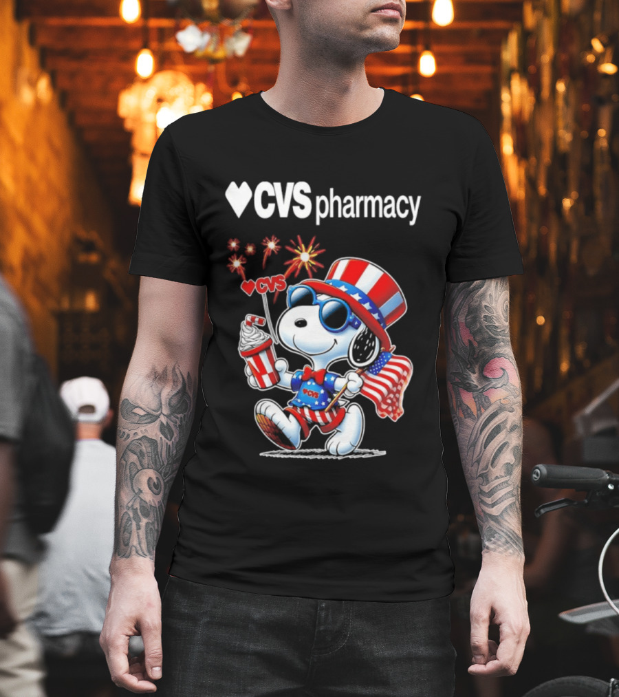 Snoopy CVS Pharmacy America 1776 2026 250th Anniversary Celebration With Fireworks And Flag T-Shirt