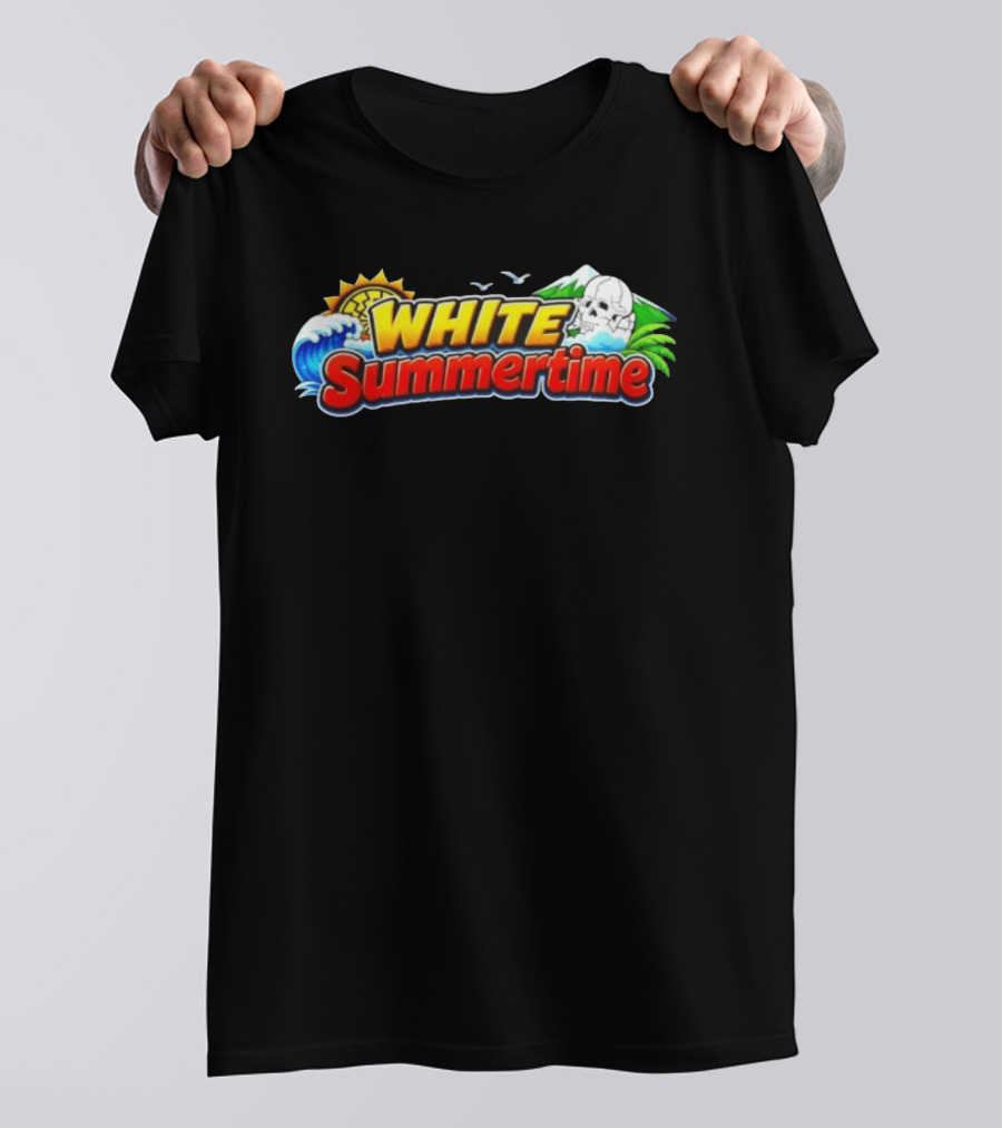 White Summertime Skull Ocean Beach Sun Palm Birds T-Shirt