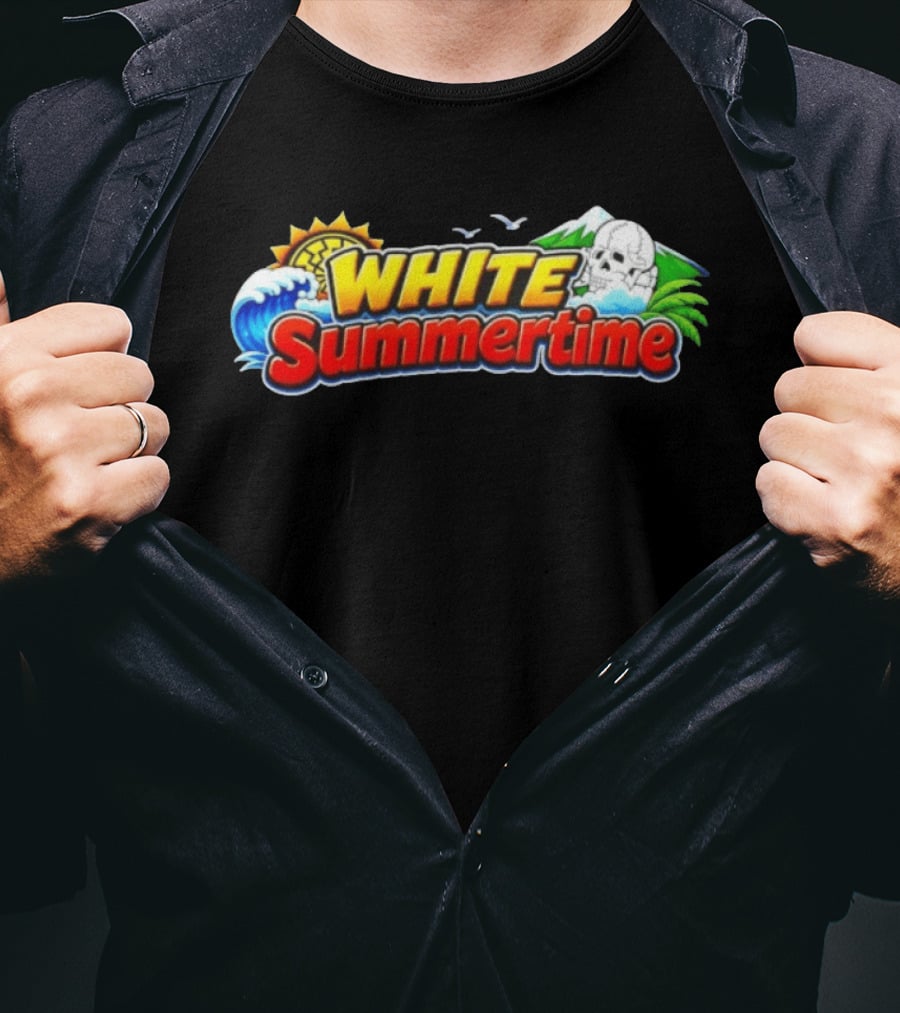 White Summertime Skull Ocean Beach Sun Palm Birds T-Shirt