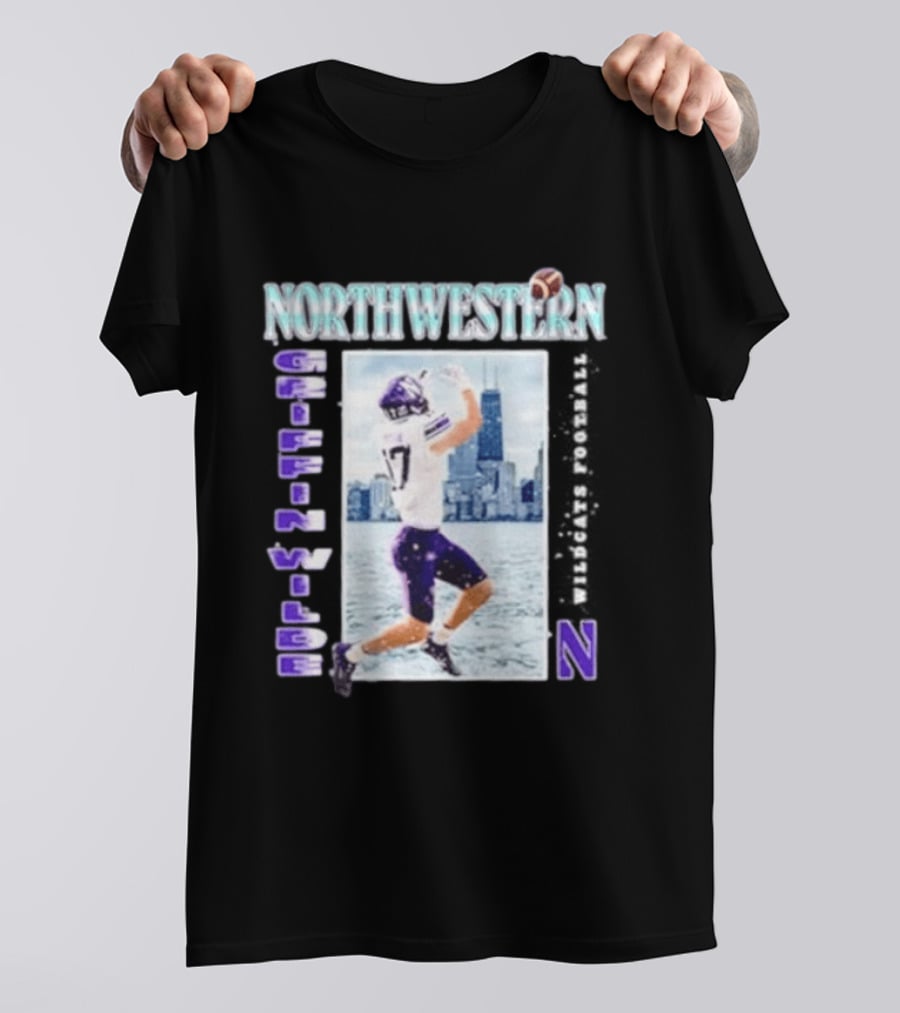 Northwestern Wildcats Football Griffin Wilde No 17 Chicago Skyline T-Shirt