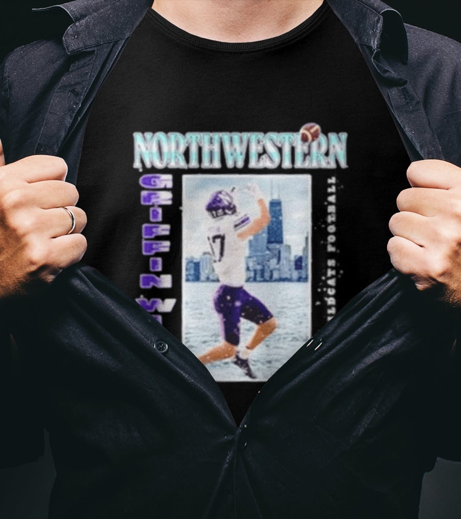 Northwestern Wildcats Football Griffin Wilde No 17 Chicago Skyline T-Shirt