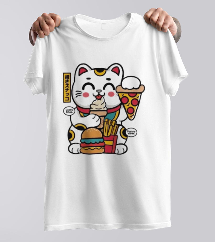 Lucky Bites Happy Vibes Maneki Neko Cat Ice Cream Pizza Burger Fries T-Shirt