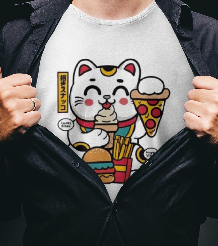 Lucky Bites Happy Vibes Maneki Neko Cat Ice Cream Pizza Burger Fries T-Shirt