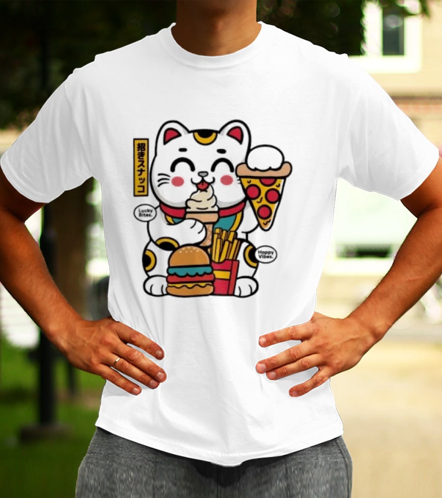 Lucky Bites Happy Vibes Maneki Neko Cat Ice Cream Pizza Burger Fries T-Shirt