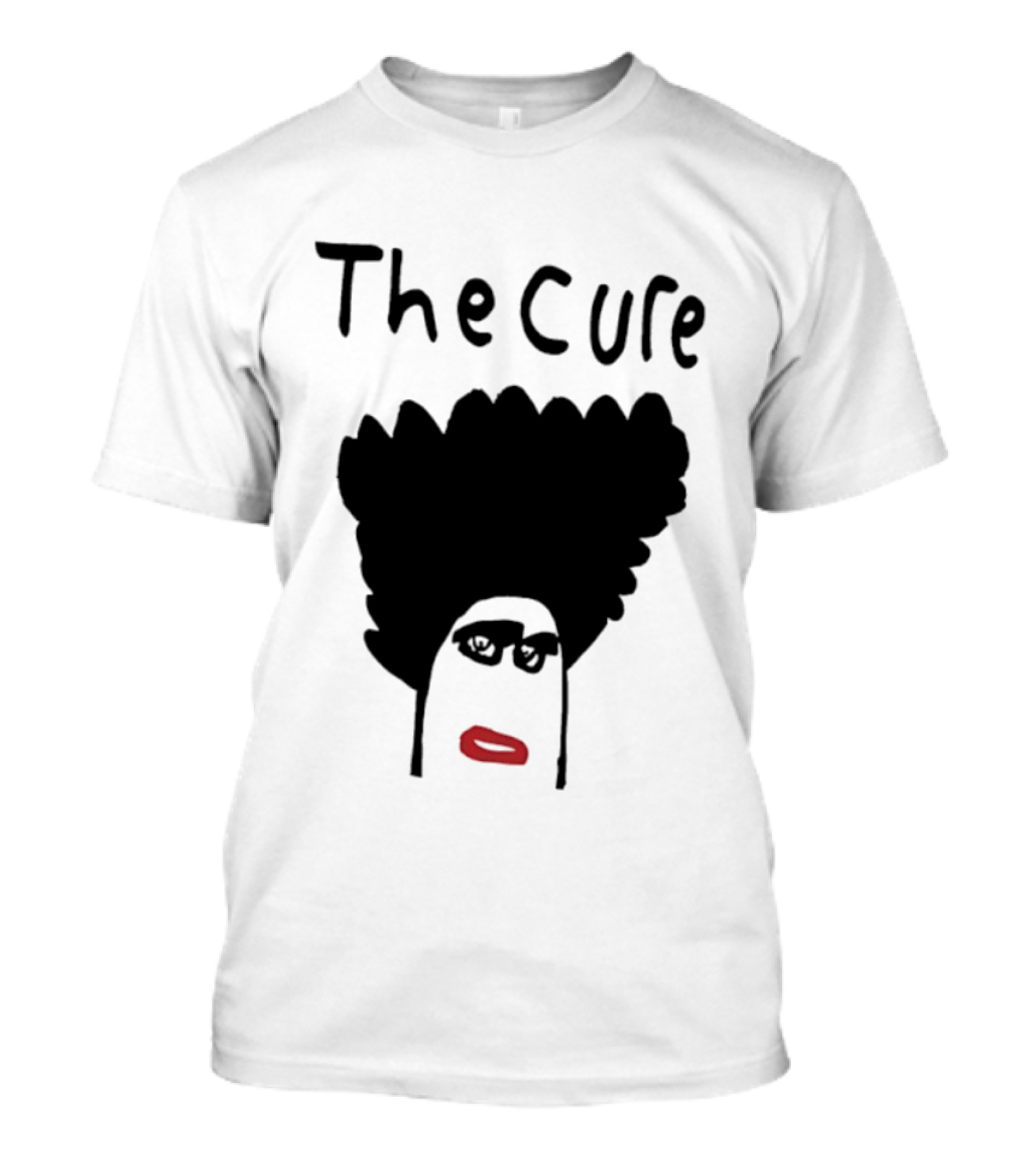 The Cure Hand Drawn Robert Smith Bold Hair Red Lips Black Glasses T-Shirt