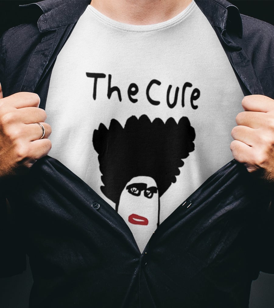 The Cure Hand Drawn Robert Smith Bold Hair Red Lips Black Glasses T-Shirt