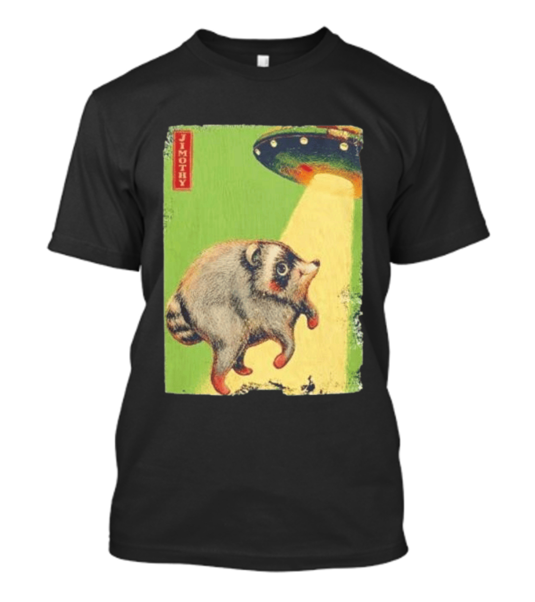 Jimothy Raccoon Abducted By UFO Alien Beam On Green T-Shirt