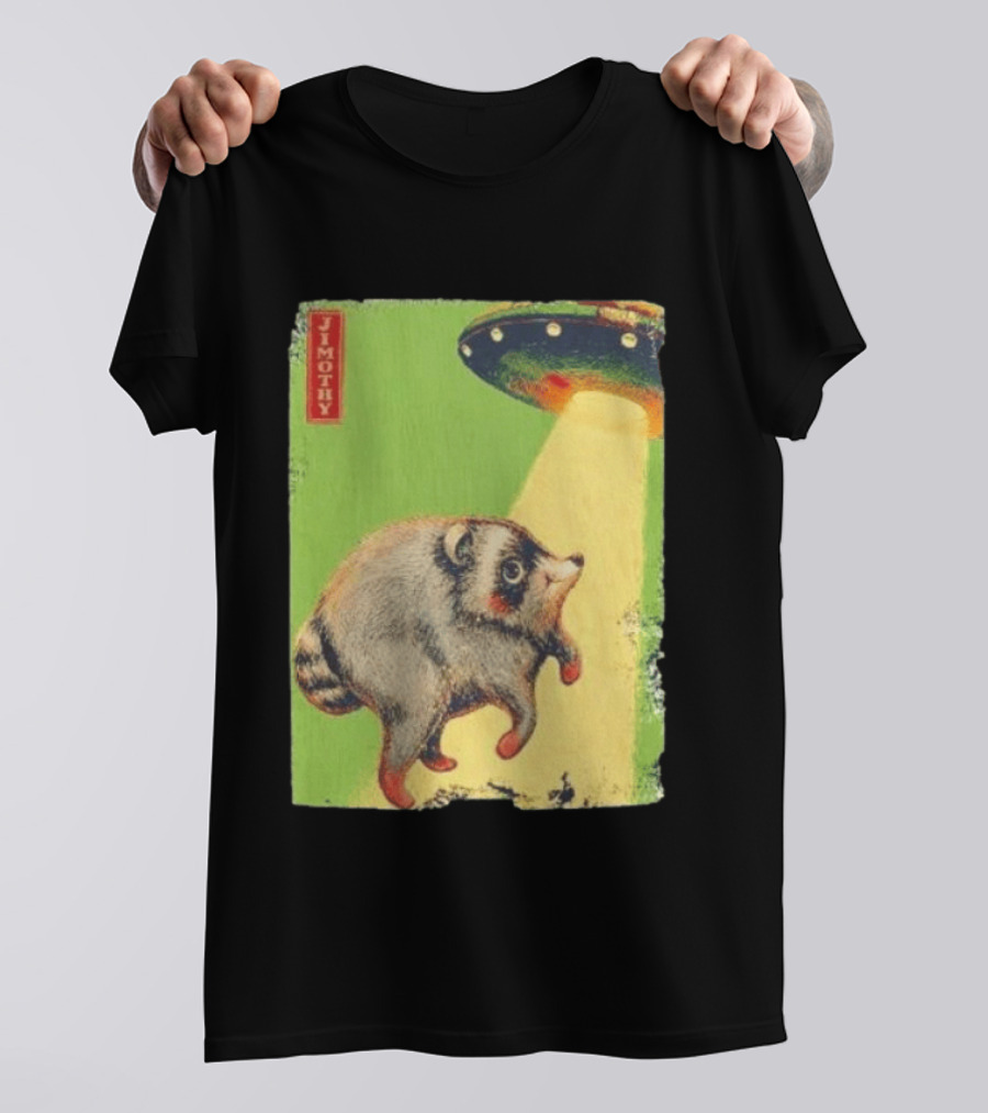 Jimothy Raccoon Abducted By UFO Alien Beam On Green T-Shirt