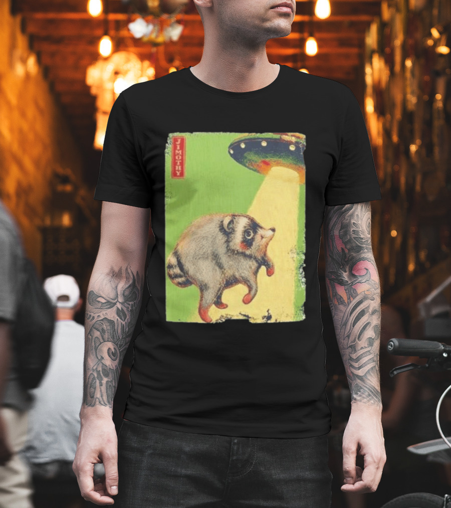Jimothy Raccoon Abducted By UFO Alien Beam On Green T-Shirt
