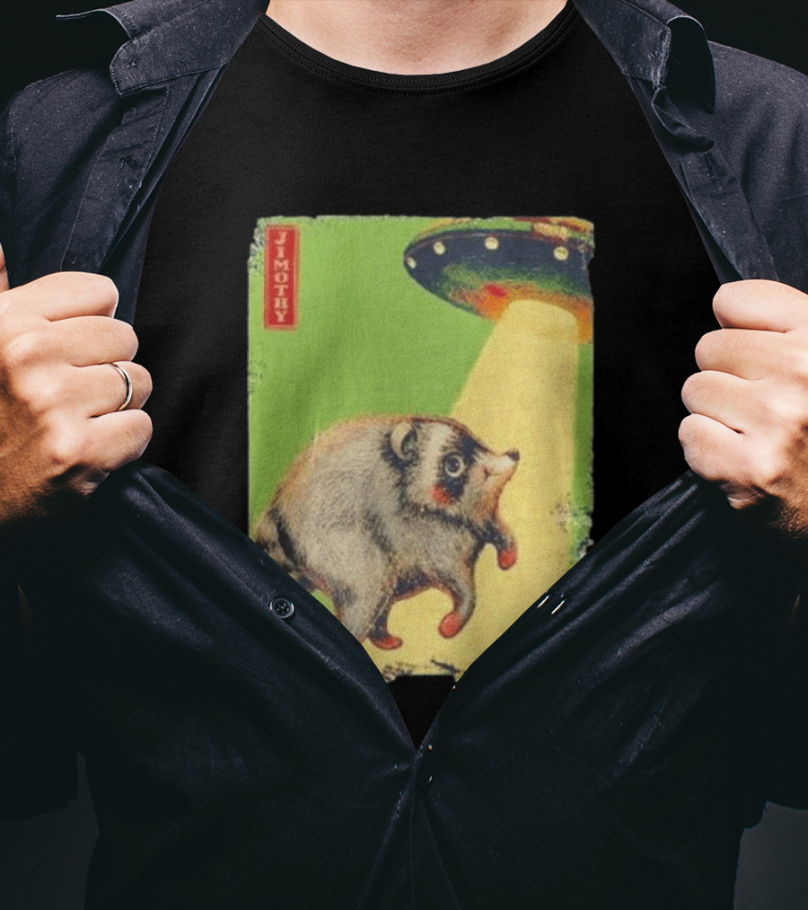 Jimothy Raccoon Abducted By UFO Alien Beam On Green T-Shirt