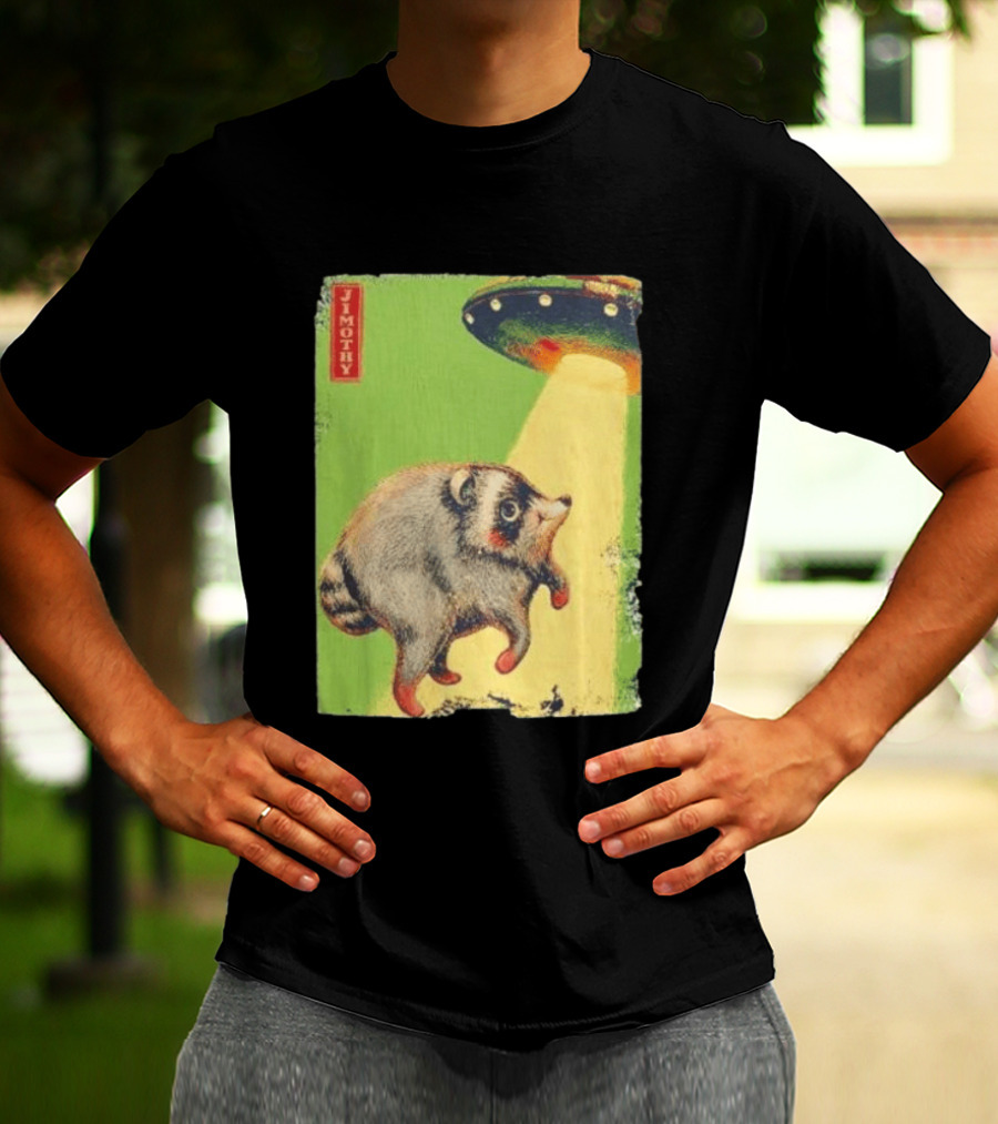 Jimothy Raccoon Abducted By UFO Alien Beam On Green T-Shirt