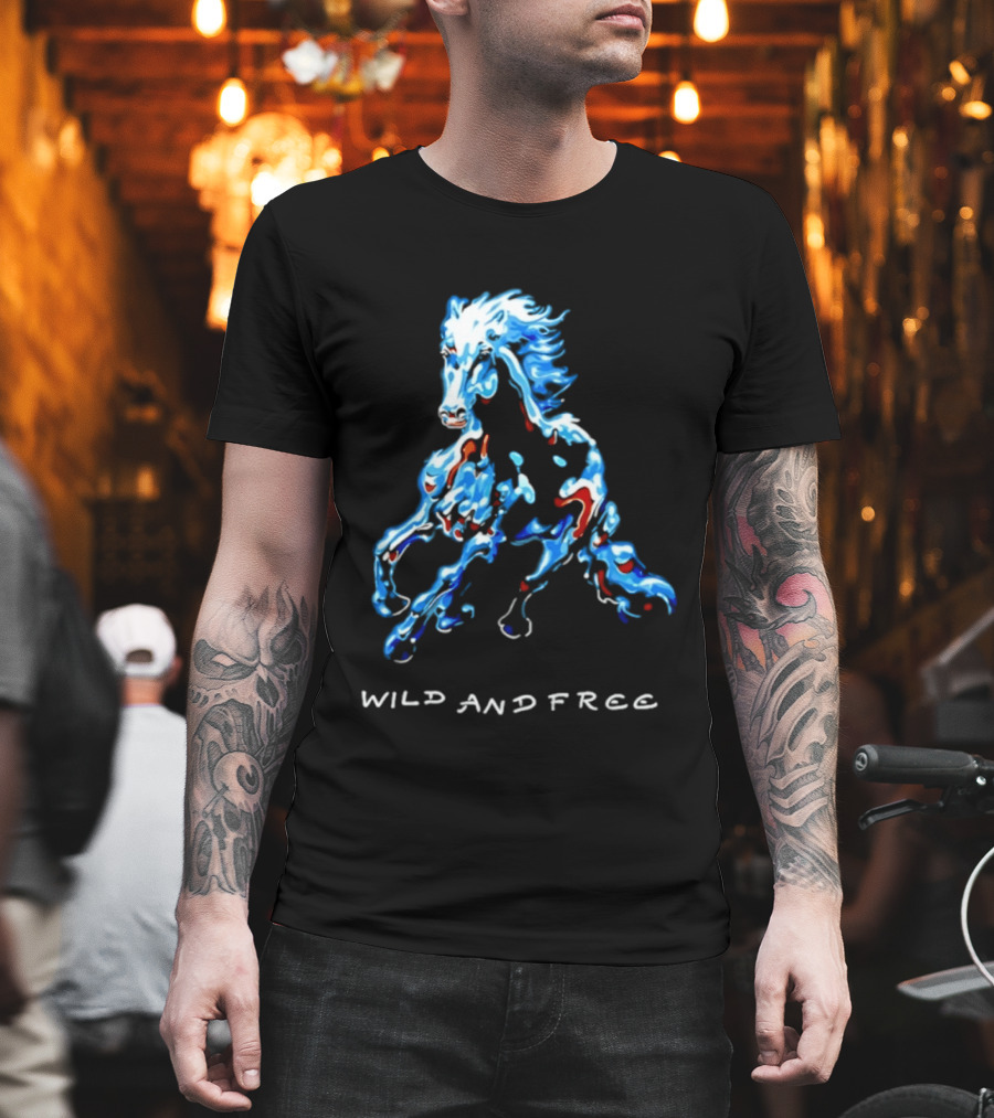Wild Horse Wild And Free Blue Red Watercolor T-Shirt