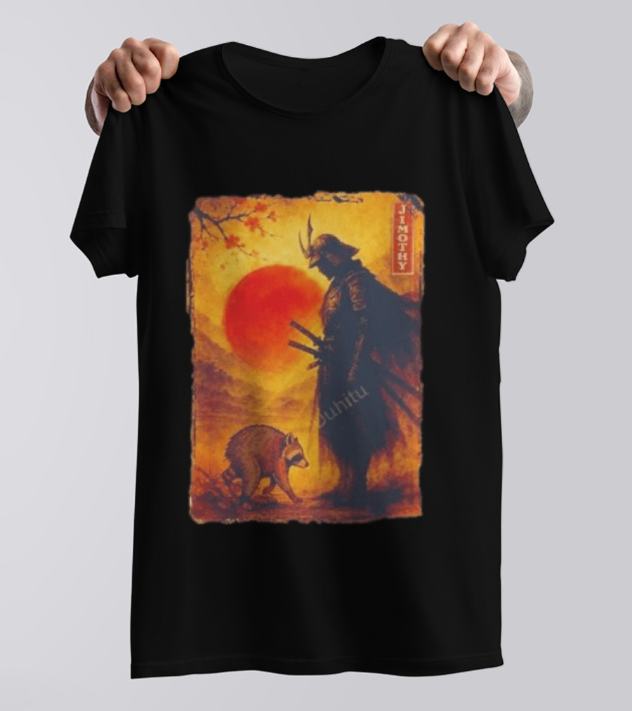Jimothy Samurai Warrior And Raccoon Japanese Sunset T-Shirt