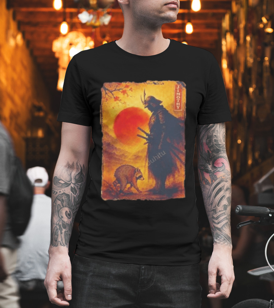 Jimothy Samurai Warrior And Raccoon Japanese Sunset T-Shirt