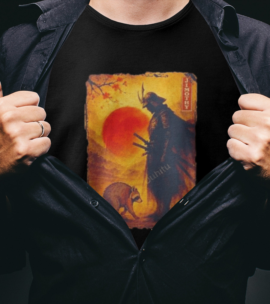 Jimothy Samurai Warrior And Raccoon Japanese Sunset T-Shirt