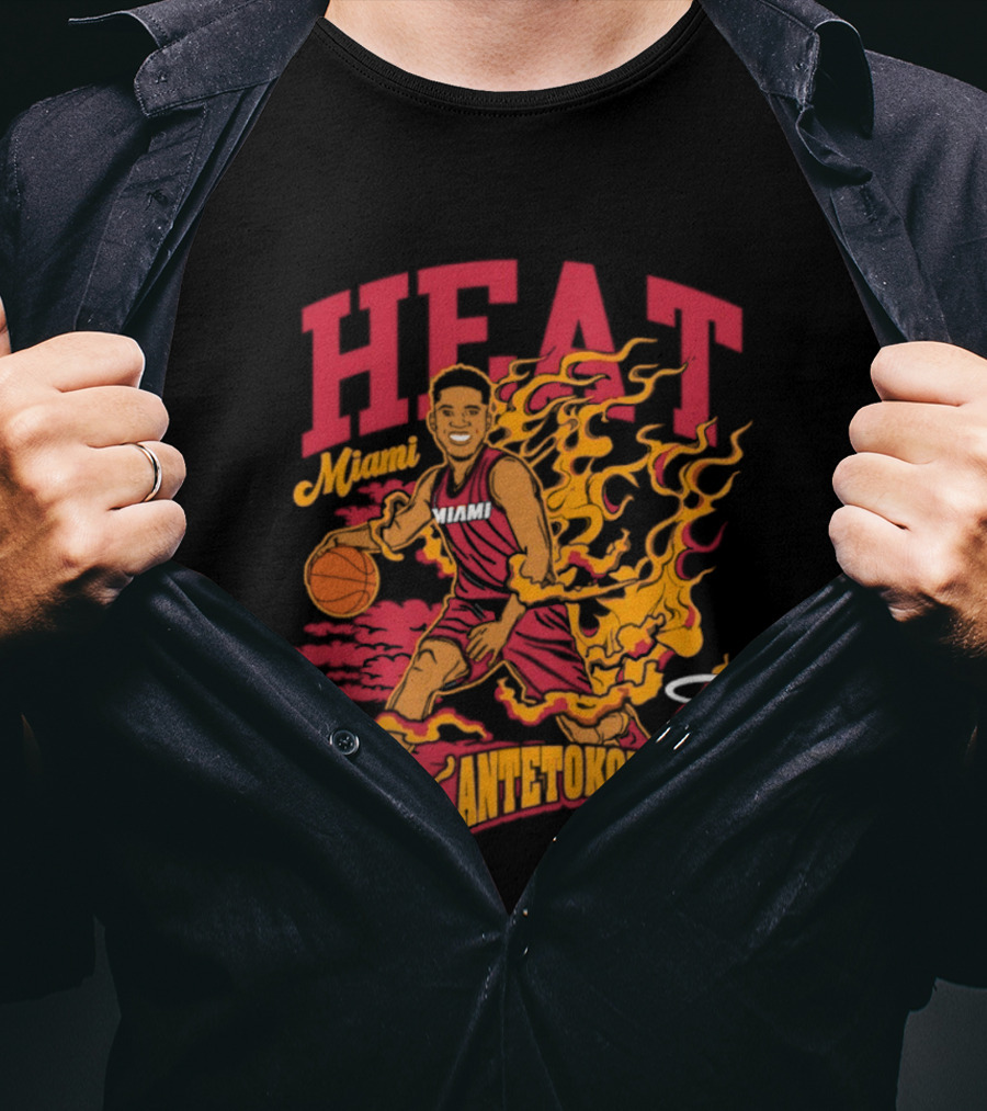 Miami Heat Giannis Antetokounmpo Basketball Caricature With Flames T-Shirt