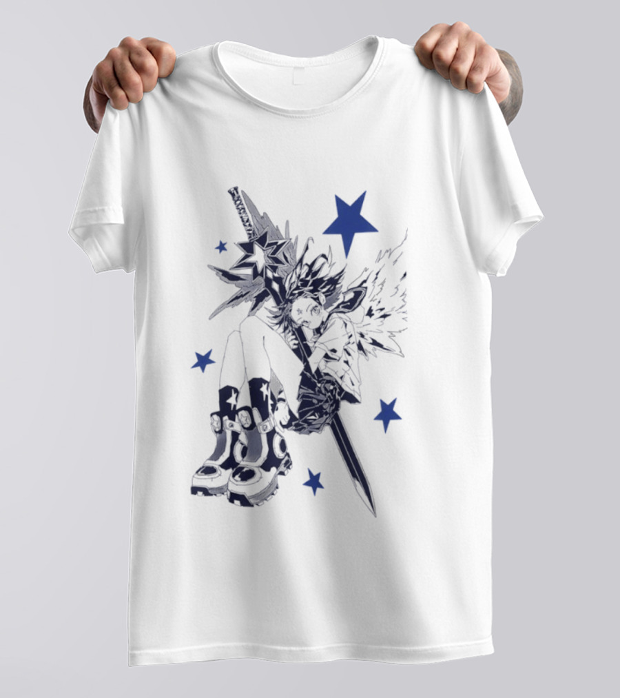 Arkestar Anime Girl Sword Wings Blue Stars T-Shirt
