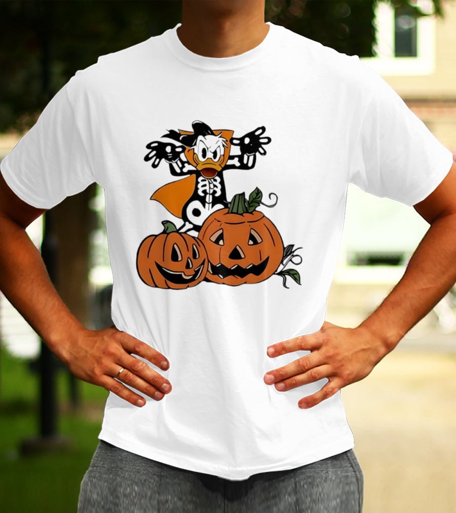 Donald Duck Skeleton Costume With Pumpkins Disney Halloween T-Shirt