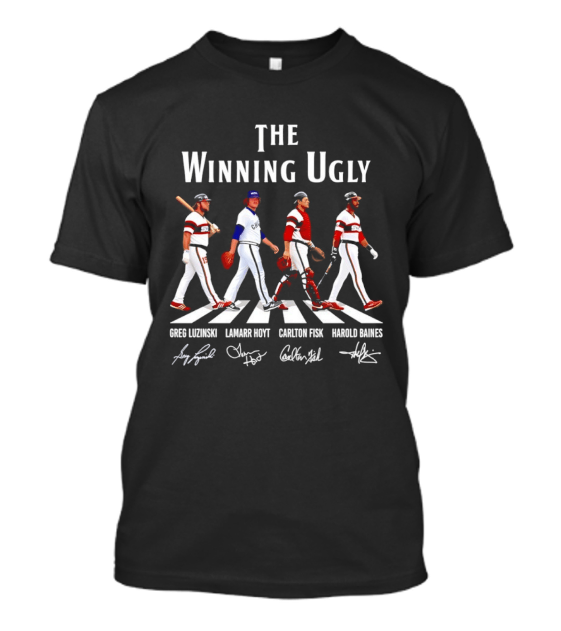 Chicago White Sox The Winning Ugly Greg Luzinski Lamarr Hoyt Carlton Fisk Harold Baines Signatures Abbey Road T-Shirt