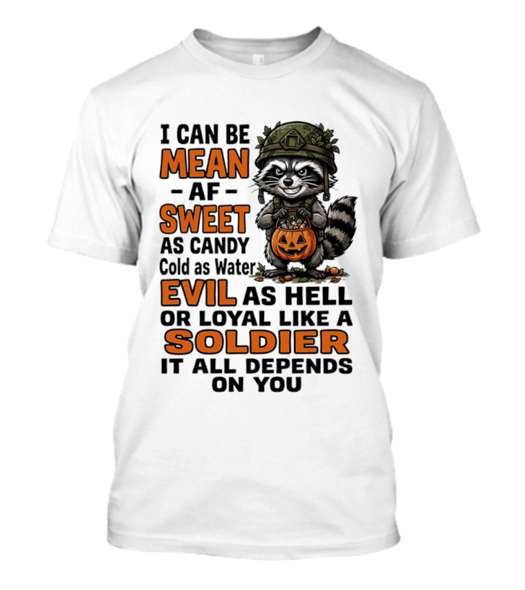 Raccoon I Can Be Mean AF Sweet As Candy Cold As Water Evil As Hell Or Loyal Like A Soldier It All Depends On You T-Shirt