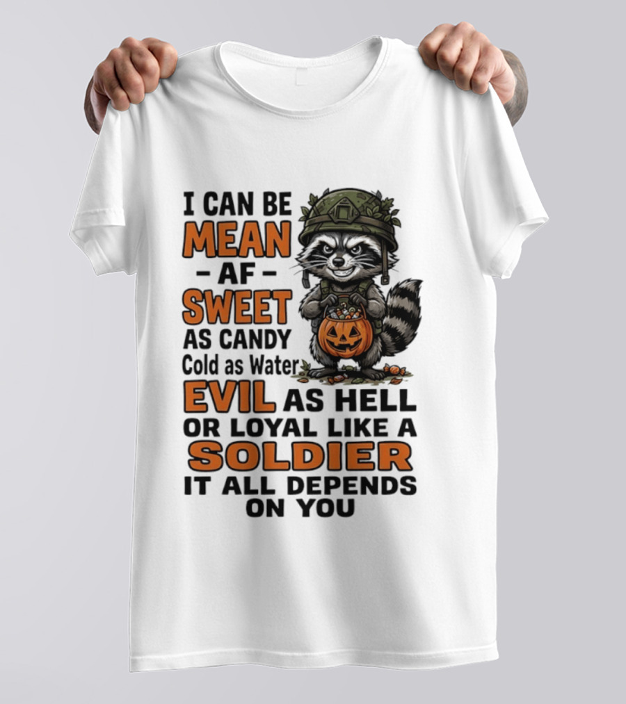 Raccoon I Can Be Mean AF Sweet As Candy Cold As Water Evil As Hell Or Loyal Like A Soldier It All Depends On You T-Shirt