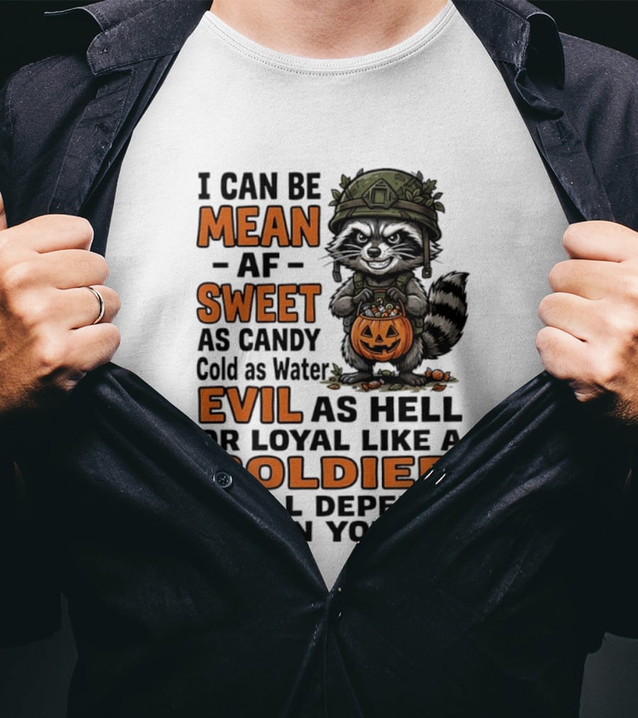 Raccoon I Can Be Mean AF Sweet As Candy Cold As Water Evil As Hell Or Loyal Like A Soldier It All Depends On You T-Shirt