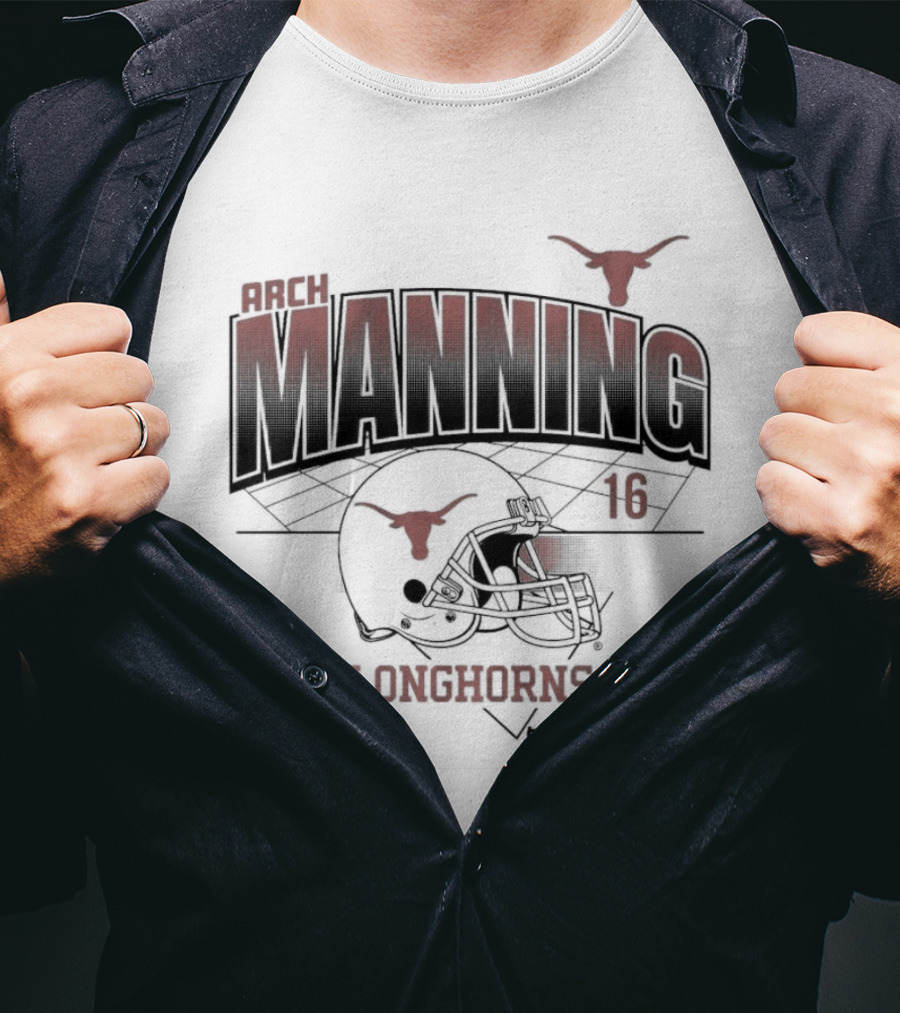 Texas Longhorns Arch Manning 16 Football Helmet Grid T-Shirt