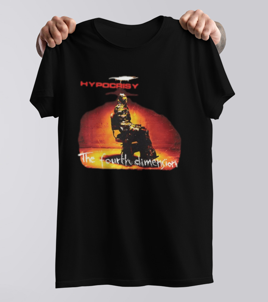 Hypocrisy The Fourth Dimension Red Text And Seated Figure T-Shirt