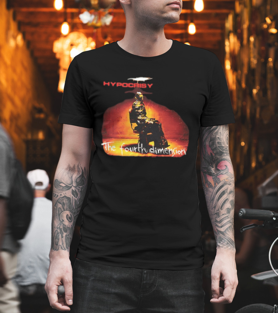Hypocrisy The Fourth Dimension Red Text And Seated Figure T-Shirt