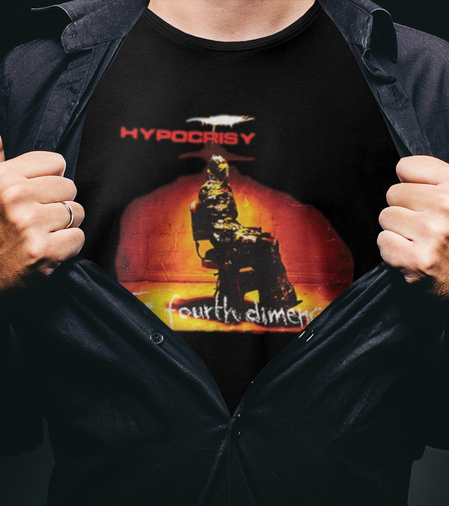 Hypocrisy The Fourth Dimension Red Text And Seated Figure T-Shirt