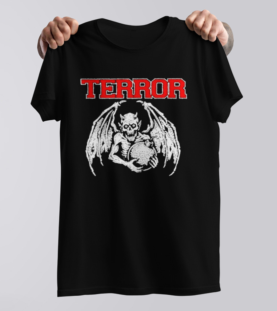 Terror Red Lettering Demon With Wings Holding Bomb T-Shirt
