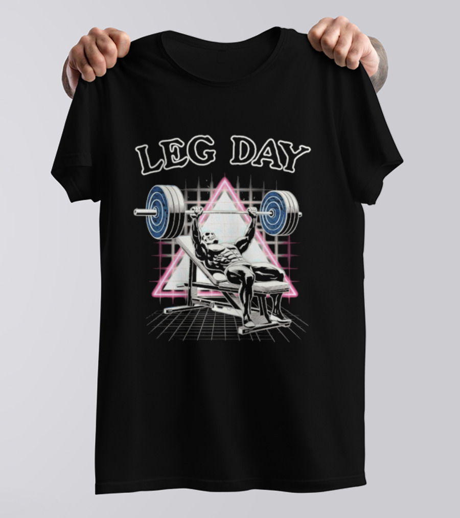 Leg Day Skeleton Weightlifting Gym Bodybuilding 80s Aesthetic Neon Triangle T-Shirt