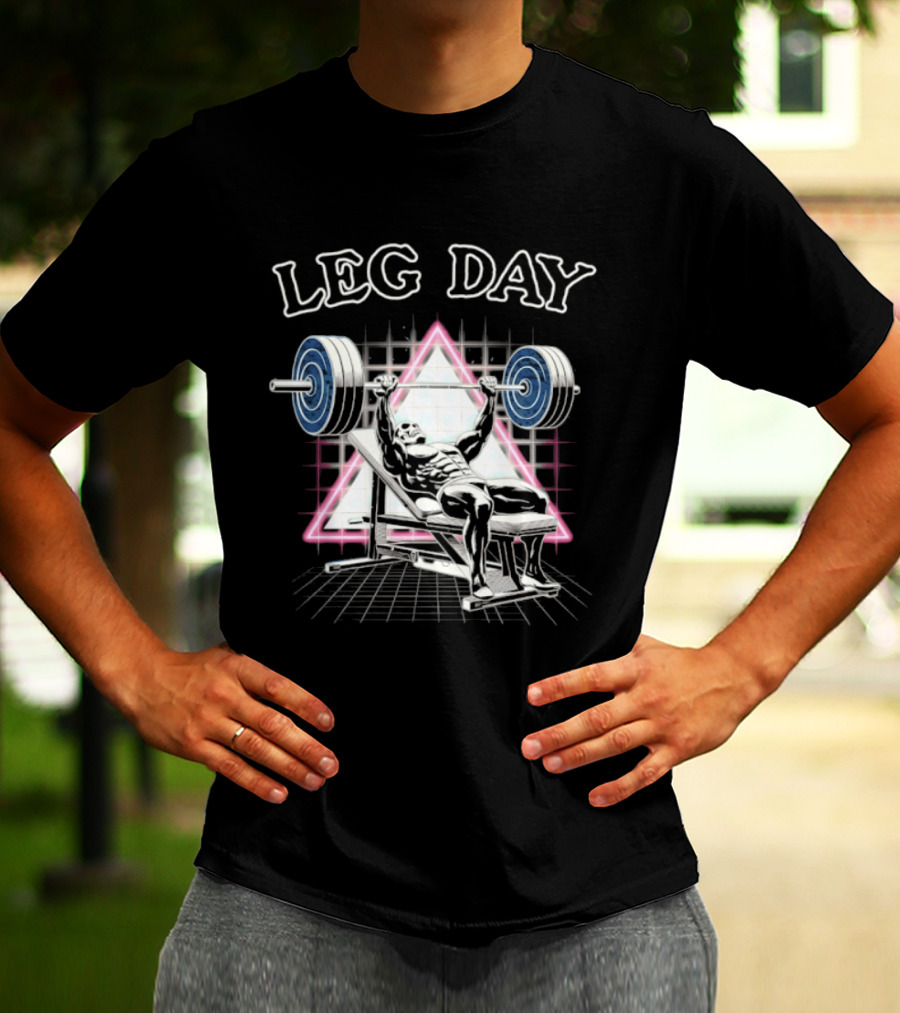 Leg Day Skeleton Weightlifting Gym Bodybuilding 80s Aesthetic Neon Triangle T-Shirt