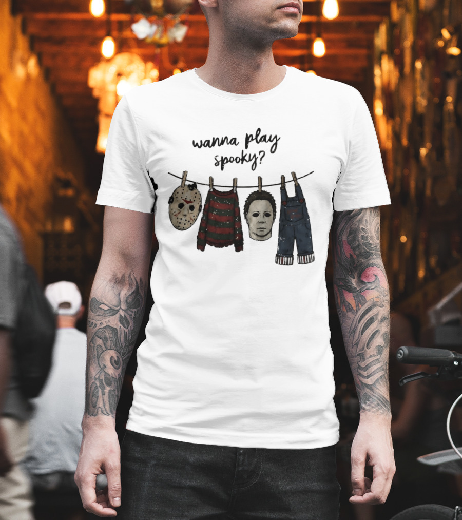 Wanna Play Spooky Halloween Horror Mask And Costume References T-Shirt