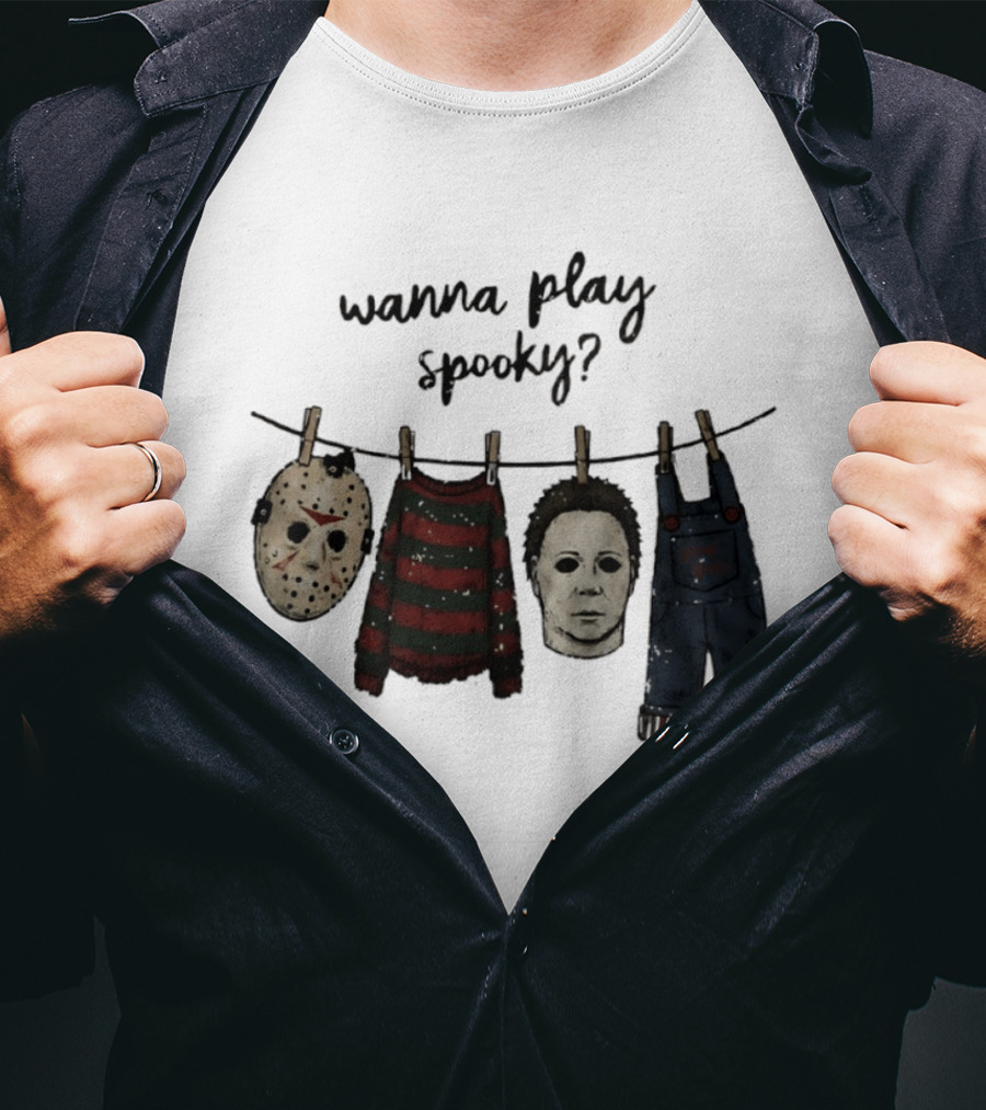 Wanna Play Spooky Halloween Horror Mask And Costume References T-Shirt