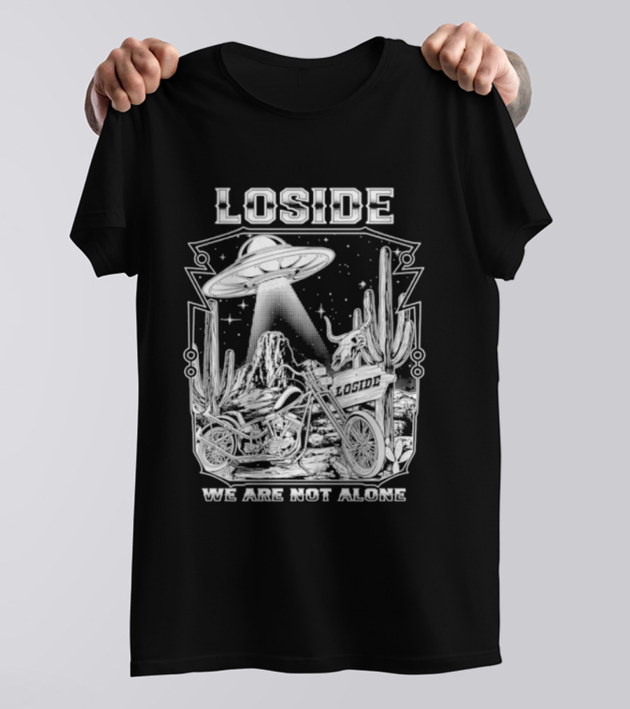 Loside We Are Not Alone UFO Motorcycle Desert Scene Cactus Stars T-Shirt
