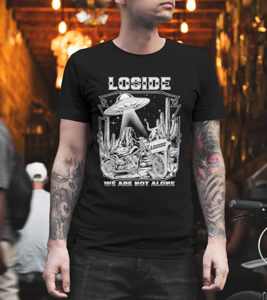 Loside We Are Not Alone UFO Motorcycle Desert Scene Cactus Stars T-Shirt