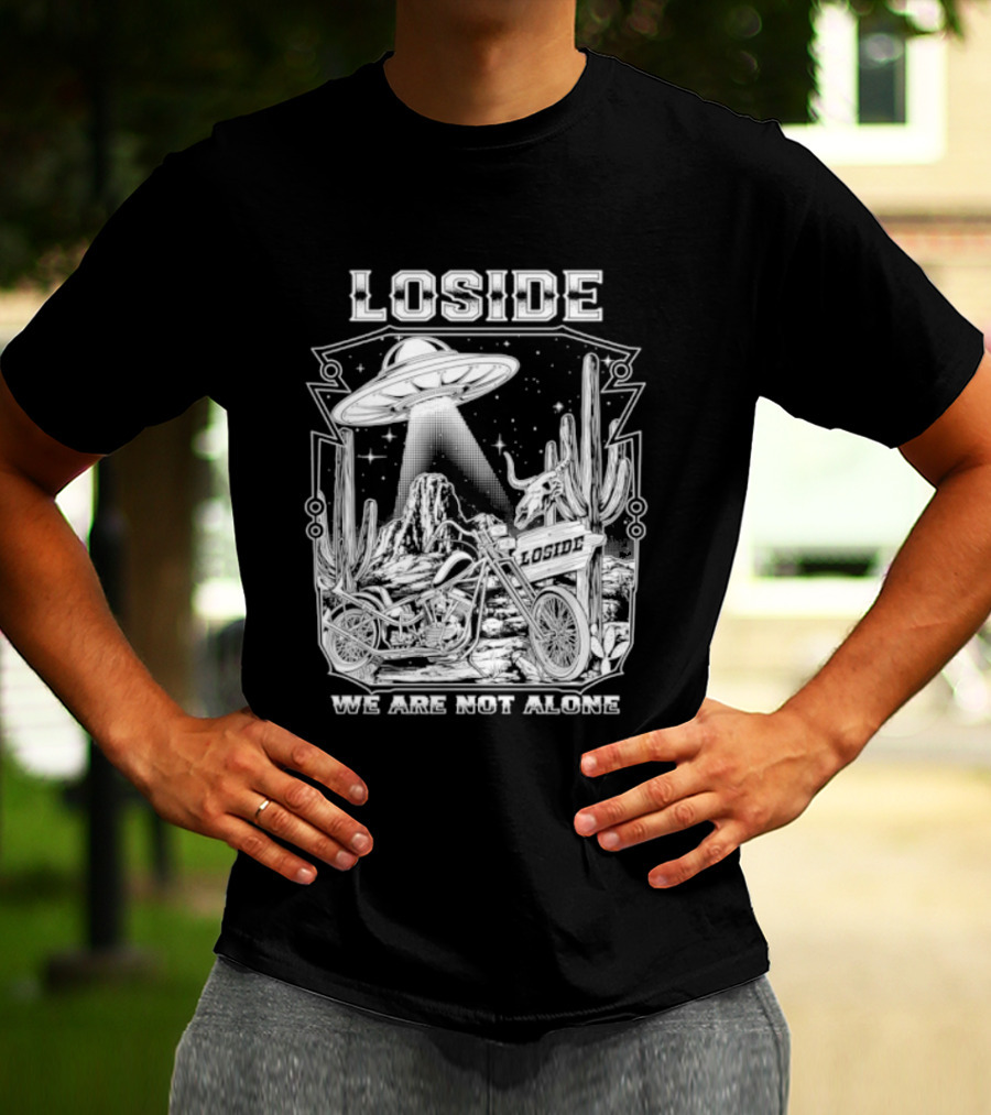 Loside We Are Not Alone UFO Motorcycle Desert Scene Cactus Stars T-Shirt